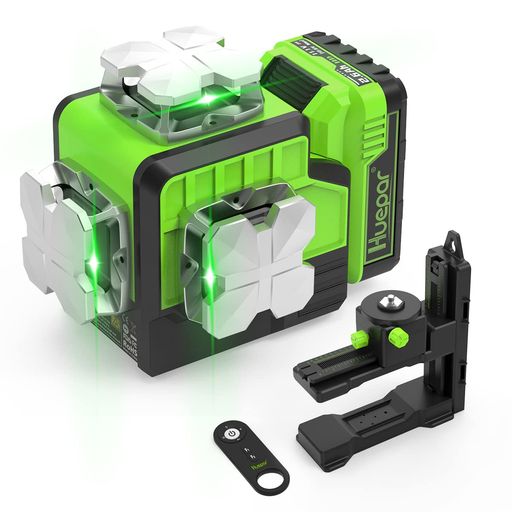 HUEPAR レーザー墨出し器 グリーンレーザー フルライン 3X360° L型エレベーターマウント リモコン付き 2電源方式 P03CG