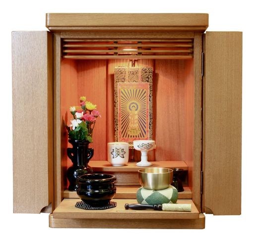 松山神仏具店 ミニ仏壇 仏具セット おしゃれ 洋風 モダン仏壇 小型 コンパクト 洋風 ナチュラルカラー オペラ14号 高43.4CMX幅32.6CMX奥24.2CM 仏具一式セット 全宗派対応 禅宗(曹洞宗・臨済宗)
