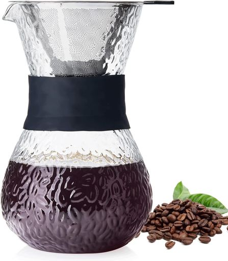 ポカロティー コーヒーサーバー 耐熱ガラス 600ML 紙コーヒーフィルター不要 おしゃれドリップ珈琲サーバー 繰り返し使用可能なステンレスフィルター 2層メッシュ ガラスコーヒーサーバ…