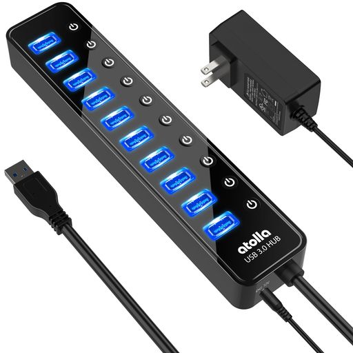 USB3.0ハブ 電源付き ATOLLA USB ハブ 10ポート USBハブ セルフパワー/バスパワー USB HUB 5GBPS高速データ伝送 USB3.0 拡張 独立スイッチ付き 12V/2.5A ACアダプタ付き 