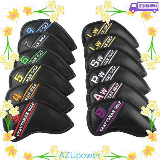 CRAFTSMAN(クラフトマン) ゴルフアイアンカバー ウェッジカバー ヘッドカバー カラフル数字 12個入り(3~9、PW、AW、SW、LW*2) 合成皮革 ブラック (アイアンカバー ブランド刺繍)