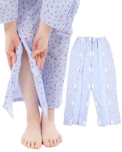 [まごころ介護] 介護 パジャマ 春夏用 ズボンのみ レディース 日本国内検品 フルオープン 綿100% 花柄 (交換予備の面ファスナー付) (ズボンのみ, ブルー花, L)