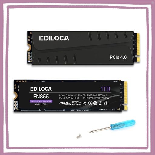 EDILOCA EN855 SSD ヒートシンク付き 1TB PCIE GEN4X4 NVME M.2 2280 PS5動作確認済み 最大読込: 7400MB/S 最大書き:5400MB/S 3D NAND TL