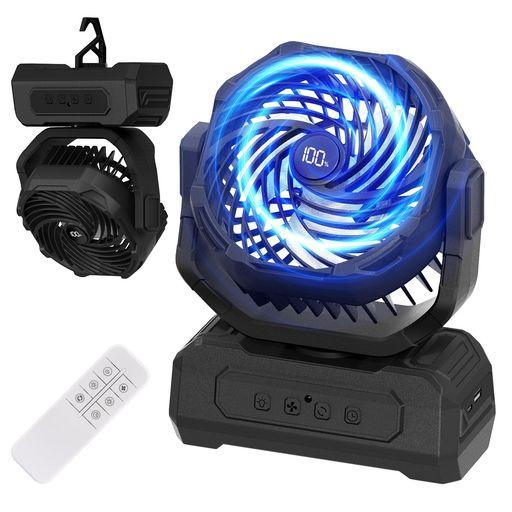 【6色LEDライト・電力量&風量LEDデジタル表示】キャンプ 扇風機 アウトドア 充電式 DCモーター コードレス 20000MAH 最大65時間連続使用 風量4段階調節 パワフル送風 自動首振り リモコン付き …