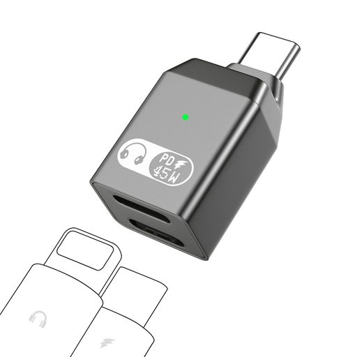 MOKO ライトニングからTYPE-C変換用 イヤホンアダプター 2IN1デュアルポート 充電と音楽同時に使える イヤホン変換 通話/音楽/再生対応 TYPE-CからTYPE-C PD45W充電 あえん合金製 小型