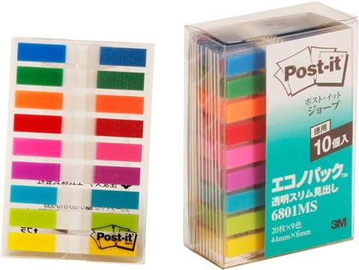 ポストイット 付箋 フィルム 見出し 9色 44X6MM 20枚×10冊 6801MS インデックスシール