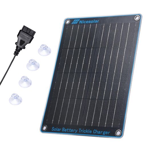NICESOLAR 10W 12V ソーラーパネル OBDII インターフェイス 太陽電池パネル 車電池のトリクルの充電器および維持装置 超細く、超軽量 IP68 はほとんどの車と互換性がある防水します