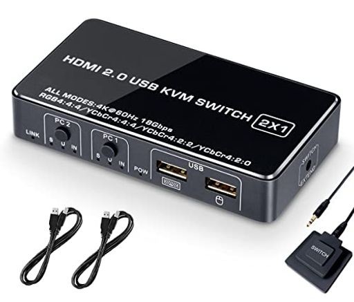 ELEVIEW KVMスイッチ パソコン切替器 (PC2台用) HDMI2.0 4K@60HZ対応｜モニター/キーボード/マウス(ワイヤレス可)を共有できる 2ポート