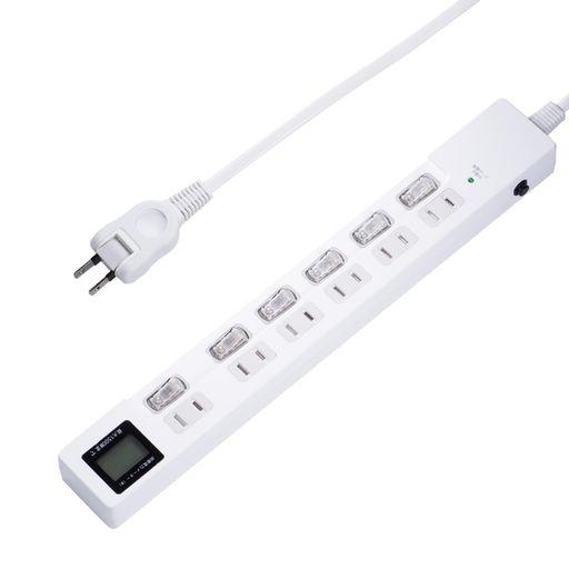 EXHEART ワットメーター付スイッチタップ 6個口 2M ホワイト 消費電力が見える 過電流防止ブレーカー スイングプラグ 個別スイッチ 雷サージ ホコリ防止シャッター ETA-WM620