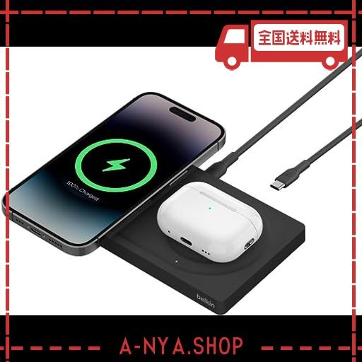 BELKIN 2 IN 1 MAGSAFE充電器 最大15W高速充電 ワイヤレス充電器 MAGSAFE公式認証 IPHONE 15 / 14 / 13 / 12 / AIRPODS 対応 USB-C TO C