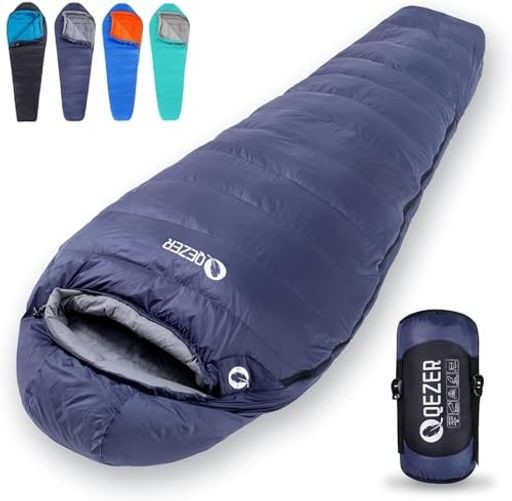 QEZER シュラフ 冬用 ダウン 寝袋 マミー型 羽毛寝袋 500G~1500Gダウン充填 コンパクト 600FP高級ダウン 400T撥水加工 2人用に連結可能 アウトドア キャンプ 登山 車中泊 防災用の通販は