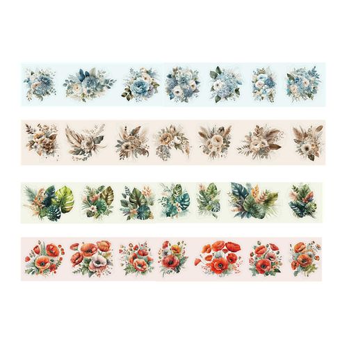 ZOLARKAR コラージュ 素材 シール 4巻 防水 レトロの花 フレークシール 透明 粘着 PET コラージュ シール 50MM 幅×2M 長 マスキングテープ ステッカー 森林植物 デザインペーパー シール DIY 手作…