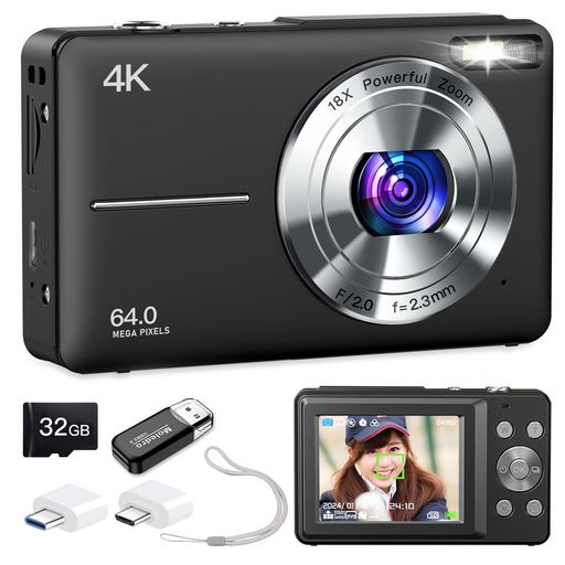 MOLEDRO 4K デジタルカメラ デジカメ 6400万画素 32GBマイクロSDカード付き 18倍デジタルズーム オートフォーカス ウェブカメラ LEDライト 手ぶれ補正 多種類フィルター セルフタイマー 携帯便…