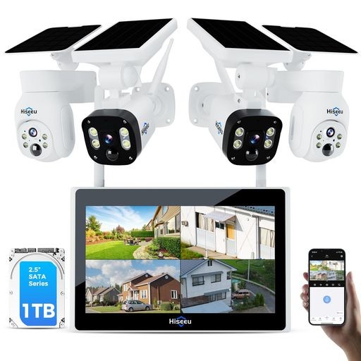 【400万画素・360° PTZ機能搭載・電源不要】HISEEU ソーラーパネルカメラ セット 10インチLCD液晶モニタ一体型NVR 8000MAH 遠隔監視 防水等級IP66 AI動体検知 屋内/屋外 セキュリティ 防犯カメラ 常時録画可能