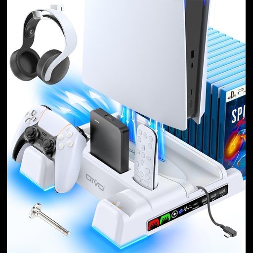 【PS5/PS5 SLIM対応 PS5 PRO非対応】新型PS5 縦置き 冷却 スタンド 3段階ファン速度調整 OIVO PS5コントローラー充電 2台同時充電 PS5冷却ファン LED充電指示ランプ ヘッドセットフック ディスクドライブとリモコン 収納