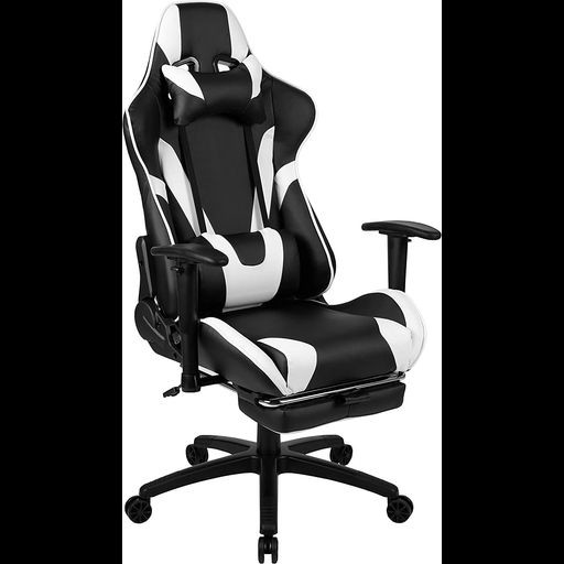 フラッシュファニチャー(FLASH FURNITURE) 回転式ゲーミング/オフィス/コンピューターチェア X30 ブラック/ホワイトソフトレザー レーシングシート 調節可能 人間工学 リクライニング背もたれ スライド式フットレスト 