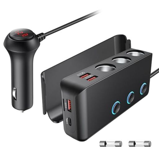OOWOLF シガーソケット 3連 【QUICK CHARGE 3.0 & PD36W 搭載】 急速充電 増設 カーチャージャー USB ×4ポート付き 車載充電器 12-24V車対応 独立スイッチ 電源ソケット 分配器 電圧測定 1Mケーブル 