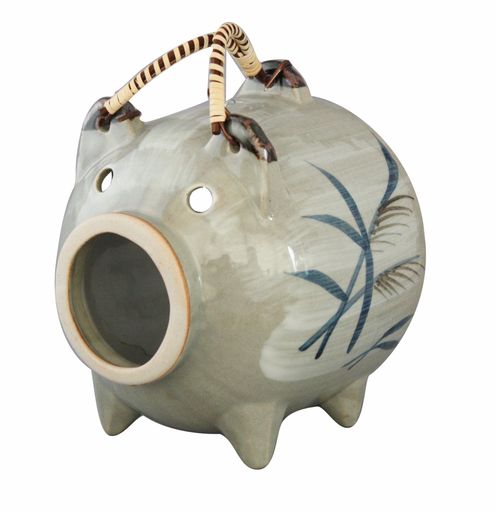 三陶(SANTO) 萬古焼 蚊取り線香 豚 蚊遣り器 アシ絵 蚊取り線香入れ ホルダー スタンド 高さ18CM 日本製 04683