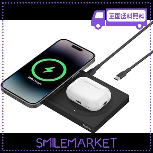 BELKIN 2 IN 1 MAGSAFE充電器 最大15W高速充電 ワイヤレス充電器 MAGSAFE公式認証 IPHONE 15 / 14 / 13 / 12 / AIRPODS 対応 USB-C TO C