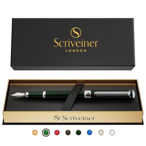 SCRIVEINER 万年筆 - 非常に濃いブリティッシュ レーシング グリーン、見事な高級ペン、クロム仕上げ、SCHMIDT製ペン先 (中)、男性と女性