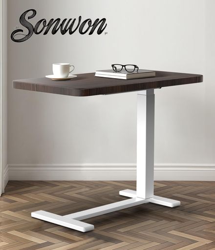 SNOWON サイドテーブル 昇降式 64~102CM高さ調整可能 エアー圧昇降 ベッド 机 介護テーブル ベッド/ソファー用 角丸デザイン 組立簡単 極厚天板 キャスター/日本語説明書付き 在宅勤務