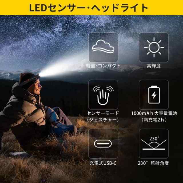 AMERTEER ヘッドライト 充電式 アウトドア用 LEDヘッドランプ ネックライト 明るさ 高輝度 センサー機能 IP44防水 ジョギング 釣り  登山 の通販はau PAY マーケット - myriads of stars | au PAY マーケット－通販サイト