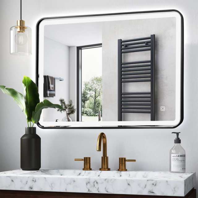 TheiaMo LED Bathroom Mirror 36x28Rectangle Metal Framed Vanity Mirror Anti-Fog Wall Dimmable Mirror with 3-Color Adjustabのサムネイル