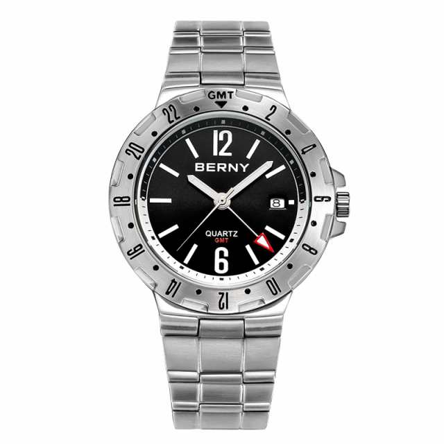 BERNY GMT Mens Watch Stainless Steel Quartz Watch for Men Dual