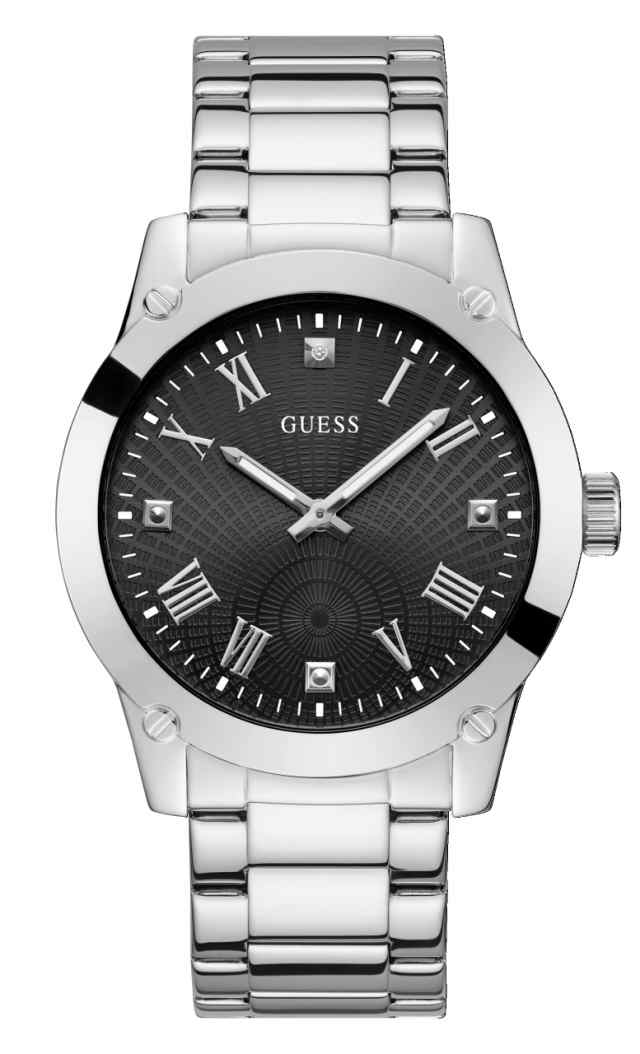 ゲス GUESS Mens 44mm Watch - Silver Tone Strap Black Dial Silver