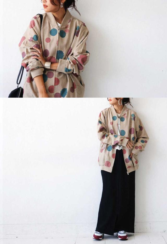 菊文様 ブルゾン レディース 長袖 ジップアップ 送料無料・メール便不可