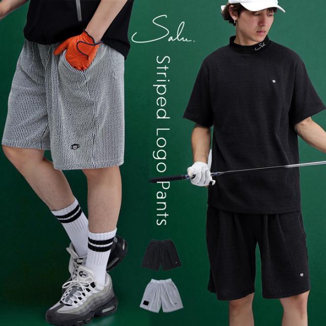 ストライプ柄 ハーフパンツ メンズ ゴルフ 刺繍ロゴ 送料無料・(500)メール便可