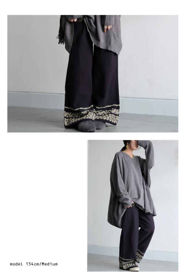 花柄刺繍ワイドパンツ レディース パンツ インド綿 送料無料・メール便