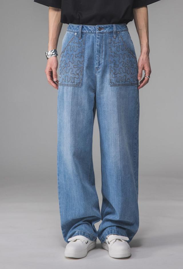 配色ステッチ デニムパンツ レディース ロング ワイド 送料無料・メール便不可 冬新作 配色ステッチ デニムパンツ レディース ロング ワイド 送料無料