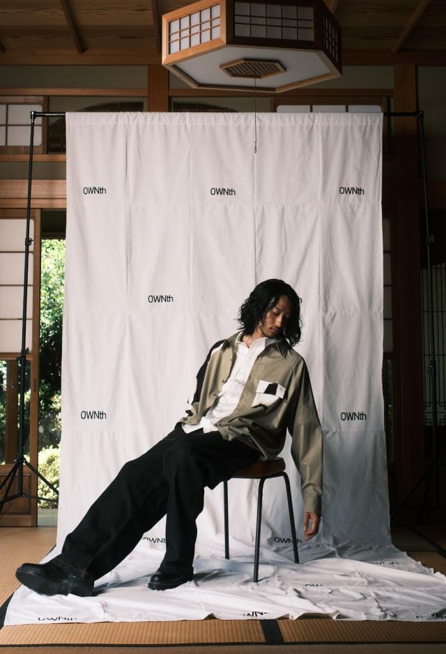 墨汁柄 ポケット付 ユニセックス シャツ 長袖 切替 送料無料・メール便