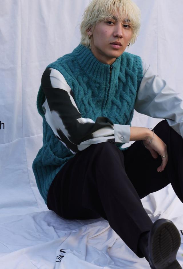 墨汁柄 ポケット付 ユニセックス シャツ 長袖 切替 送料無料・メール便