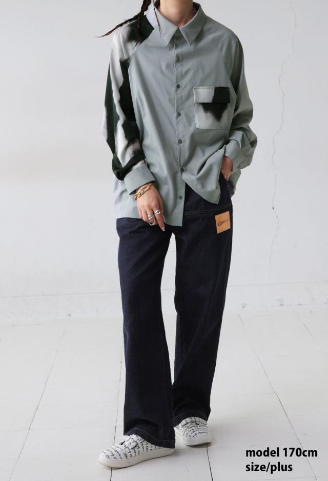 墨汁柄 ポケット付 ユニセックス シャツ 長袖 切替 送料無料・メール便