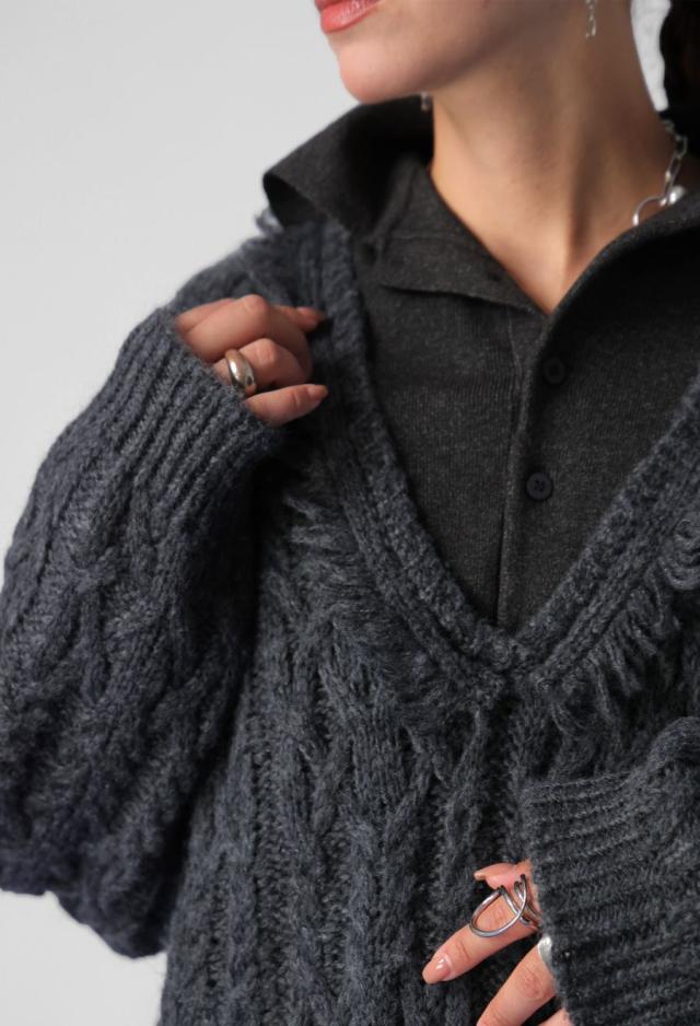 レイヤード風フリンジニットシャツ ユニセックス ニット 送料無料