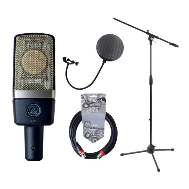 AKG C214 コンデンサーマイク ブームマイクスタンド メタルポップフィルター マイクケーブル 4点セット