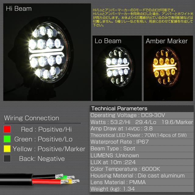 LED 作業灯 フォグライト 70W スポット Hi Lo アンバーマーカーライト付き ブラックインナー 12V 24V 防水 P-560_3