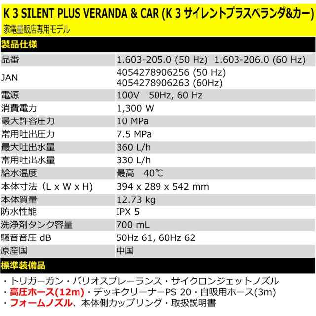 ケルヒャー(KARCHER) K3サイレントプラスベランダu0026カー水冷式モーター高圧洗浄機東日本用(50Hz)1.603-205.0の通販はau PAY  マーケット - イーベスト | au PAY マーケット－通販サイト