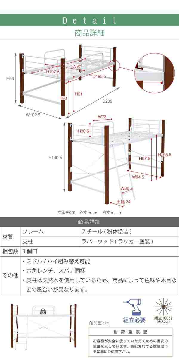 ロフトベッド 天然木 低め ロータイプ シングル パイプ システムベッド フレーム 高さ 140.5cm 幅 209cm 高さ調節 頑丈 転落防止 手すり 