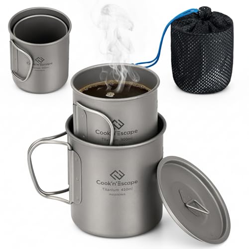チタンマグ セット 300ml+450ml 軽量 頑丈 直火 シングルマグ アウトドアマグカップ 折りたたみハンドル 専用収納袋付