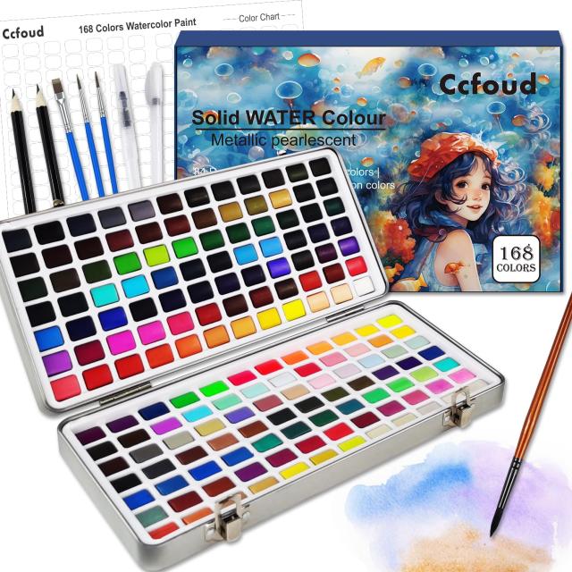 固形水彩 168色セット 固体水彩絵の具 水彩ペイントセット 水筆ペン