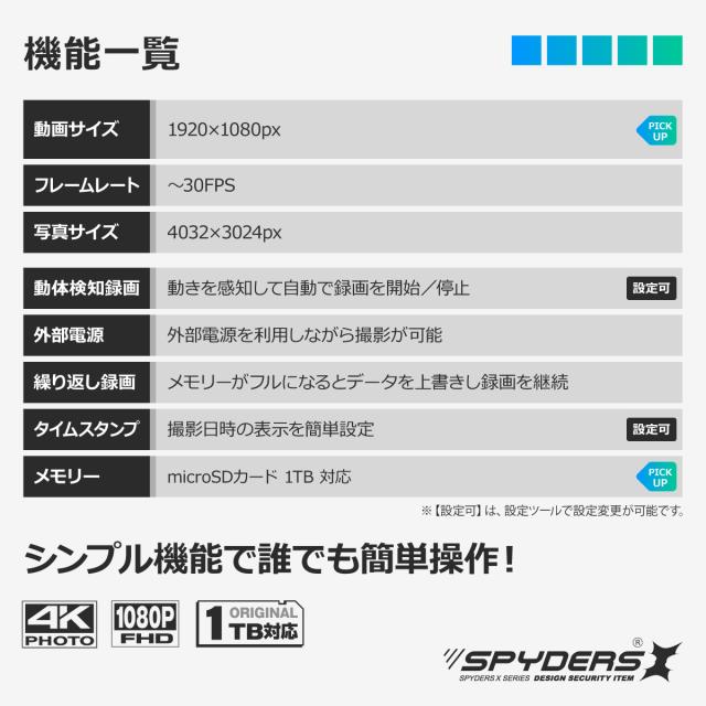 スパイダーズX スパイカメラ 1080P USBメモリー型カメラ 小型カメラ [A-409] Photo4K 防犯カメラ 動体検知 128GB対応