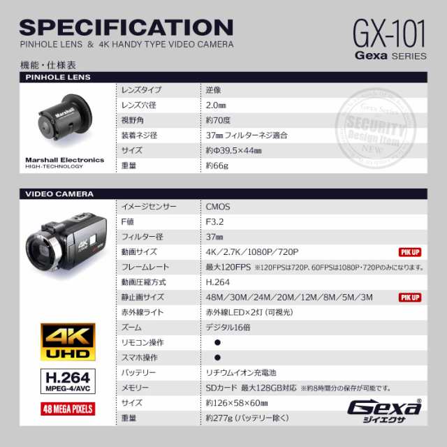 ジイエクサ Gexa 調査用 ピンホールレンズ 4k ビデオカメラ 証拠撮影セット 強力赤外線搭載 リモートマイク付属 スマホ操作 128gb対応 Gの通販はau Pay マーケット アルバクラブ Alba Club