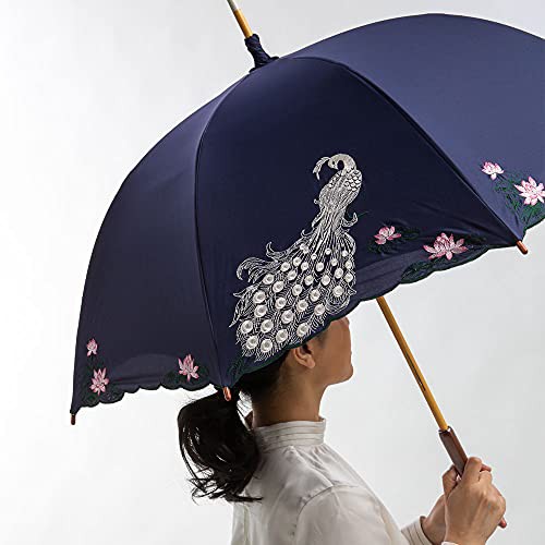 [シノワズリーモダン]日傘 晴雨兼用 女優日傘 長日傘 刺繍 孔雀 完全遮光 遮熱 UVカット かわず張り 涼しい 特殊2重張り 全面刺繍