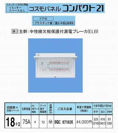 パナソニック コスモパネルコンパクト21 標準タイプ リミッタースペースなし 75A18+2 BQR87182