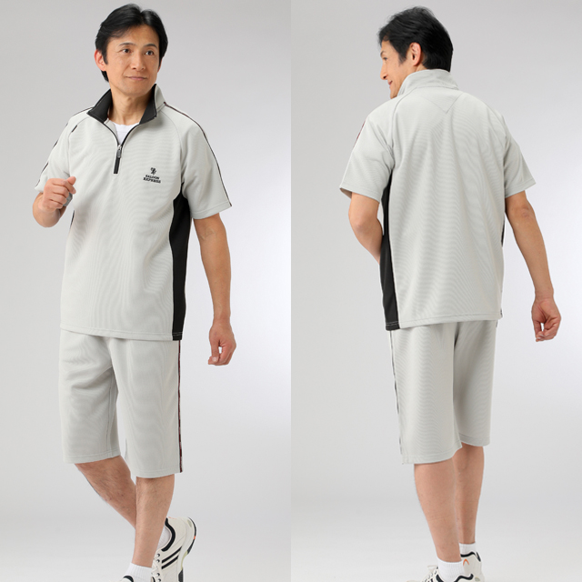 メンズ ハーフジップ切替 上下セットアップ 2色組 半袖 ハーフパンツ