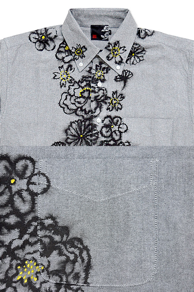 四季の花オックスフォード長袖シャツ 碧 和柄 和風 あお 京都 手描き 手書き ロングスリーブ_3