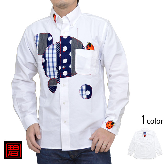 丸○円リメイク長袖シャツ 碧 あお 和柄 和風 メンズ 京都 てんとう虫 メンズ 手書き 手描き